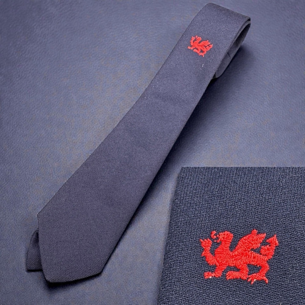 Vintage‎ Afonwen Woolen Mills Welsh Skinny Tie Blue Wool with Red Dragon Wales